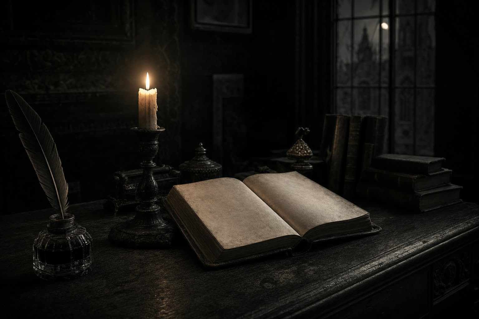 A candlelit writing desk with an antique quill, inkwell, and open journal