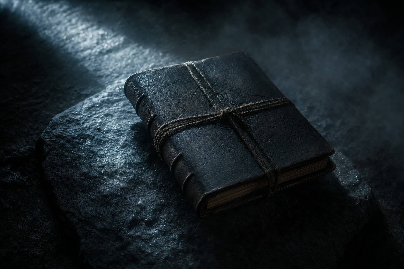 A closed leather journal bound with rope, lit by a single shaft of moonlight