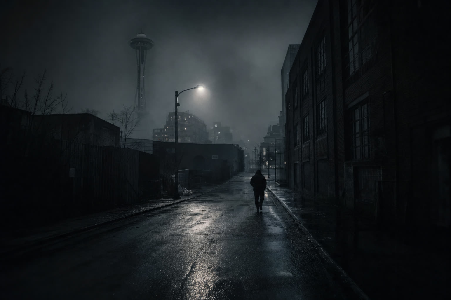 A lone figure walks down a rain-soaked Seattle street at night, streetlight glowing through fog